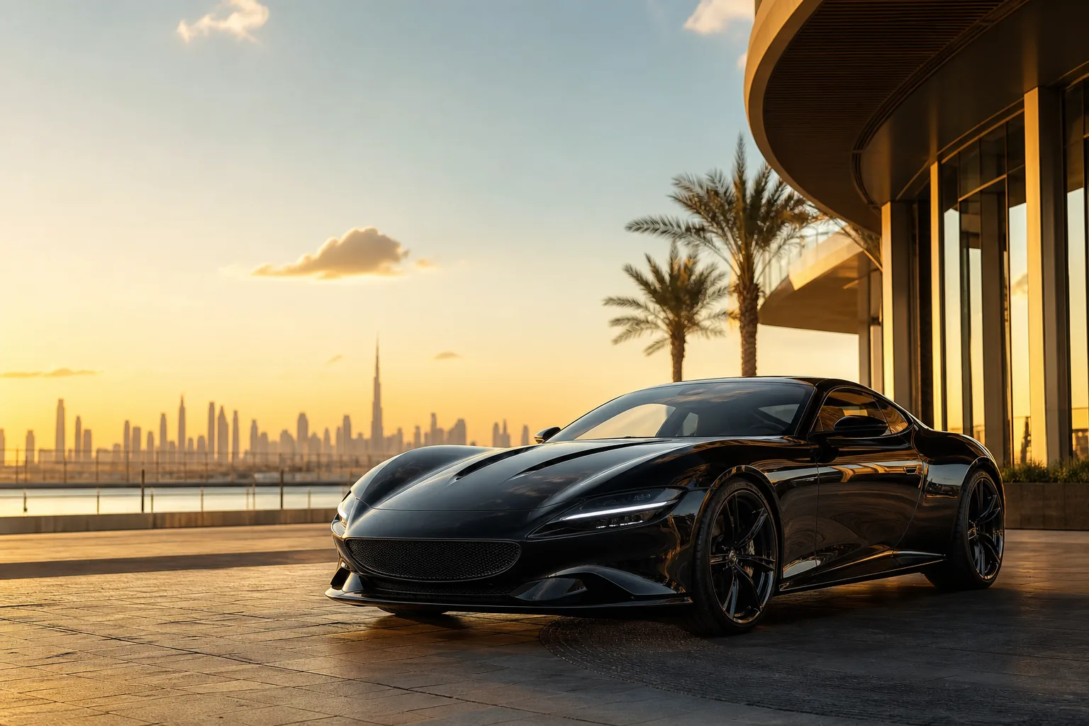Luxury sports car in Dubai at golden hour